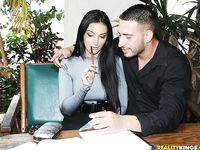 Short-skirted MILF exposes her thong and sucks cock for a facial.