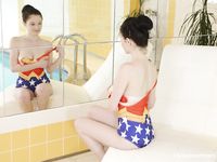 Dark-Haired Nympho Angel Princess Strips and Fingers Herself by the Pool