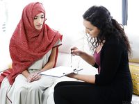 Babe in Fishnets Gets Horny with Dark-Haired GF and Sexy Guy