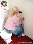 Blonde Jamie Sucks Cock Through Black Gloryhole at the Toilet