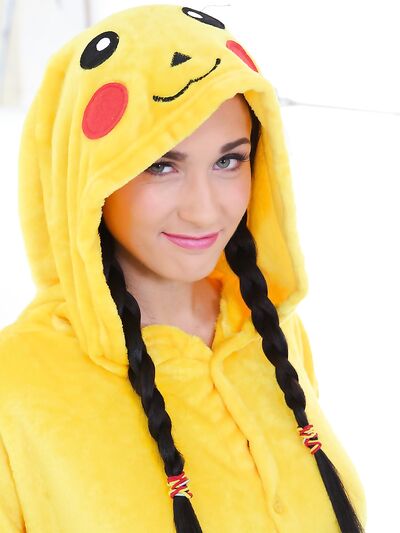 Sweet Teen Nicole Love Shows Off in Pikachu Costume and Plays with Herself