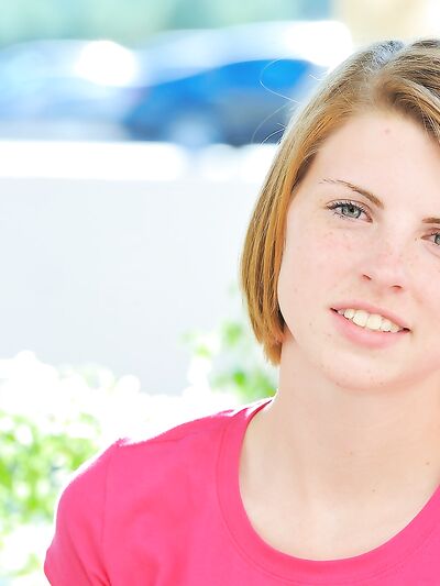 Sweet teen Aubrey strips naked and bounces with her tiny tits outdoors