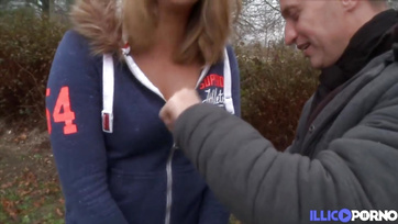 Big-titted blonde-brunette MILF getting fucked with a dildo
