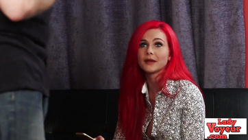 The Colorful-Haired Cutie Reaches Out While Watching the Guy Jerking Off