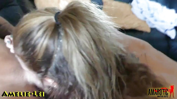 My sexy roommate decided to suck my cock when she saw me jerking off.
