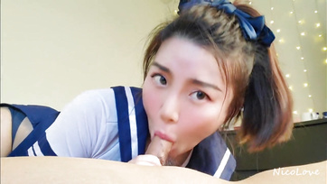 Sweet Asian Cutie Blissfully Swallows Pal's Cock