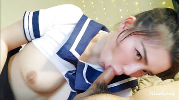 Sweet Asian Cutie Blissfully Swallows Pal's Cock