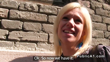 Blonde Budapest Babe Publicly Cums on Giant Cock