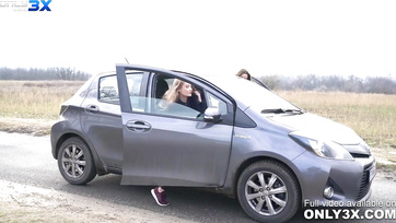 Devouring the Delicious Pussy of a Hitchhiking Hottie by the Brunette Lesbians