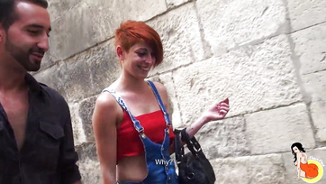 Short-haired babe lets guy fuck both her holes