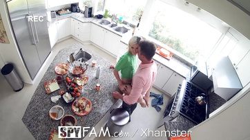 Tiny Blonde Step Sister Pulled onto Cock by Big-Dicked Guy in the Kitchen