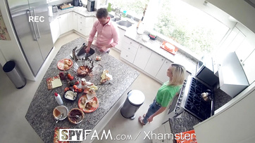 Tiny Blonde Step Sister Pulled onto Cock by Big-Dicked Guy in the Kitchen