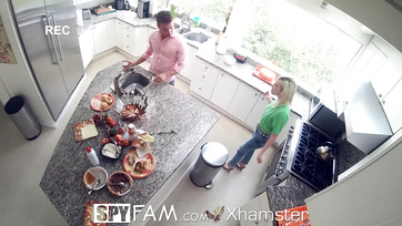 Tiny Blonde Step Sister Pulled onto Cock by Big-Dicked Guy in the Kitchen