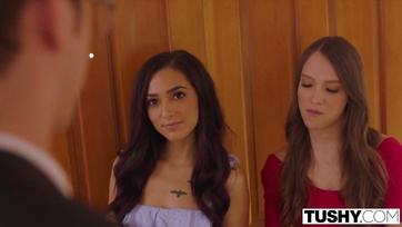 College girls seduce their young teacher with a love for anal