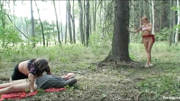 Naughty Young Girl Joins Elderly Couple Outdoors