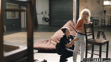 Blonde Teen Taught a Lesson by Busty Cop in Handcuffs