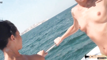 Hard anal pounding for busty exotic babes on the boat