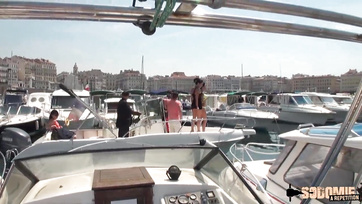 Hard anal pounding for busty exotic babes on the boat