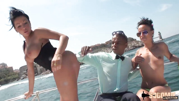 Hard anal pounding for busty exotic babes on the boat