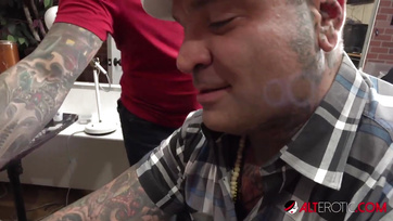 Teen with a pierced pussy sucks cock after getting inked