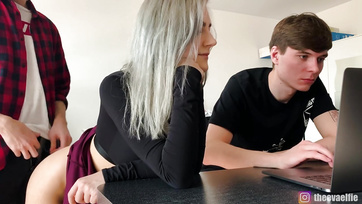 Fucking with her buddy behind her boyfriend's back, the sexy blonde teen