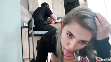 Fucking with her buddy behind her boyfriend's back, the sexy blonde teen