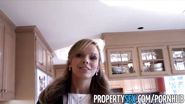 Sexy blonde real estate agent sucks the client's cock