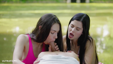 Russian model babes playing around with a young stud