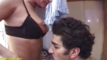 After blowjob, busty redhead Hungarian milf hops on cock