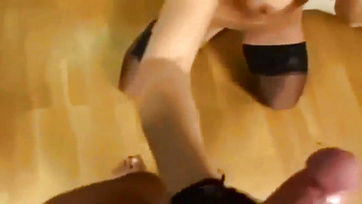 Sexy Budapest MILF expertly jerks off cock with her feet after anal sex
