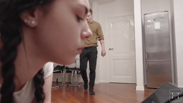 Stepdaughter Deepthroats Stepdad's Long Thick Cock with Red Wife Watching