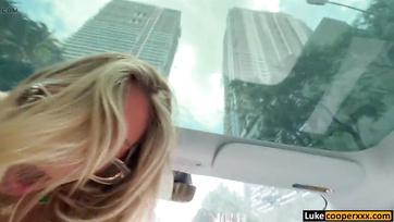 Blonde British Porn Star Rides Guy's Massive Cock in the Driver's Seat