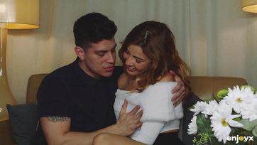 Sultry Babe Strips During Makeout and Bites Partner's Hard Cock