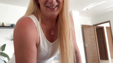 German lady sucks guy's cock hard, then rides it with her pussy