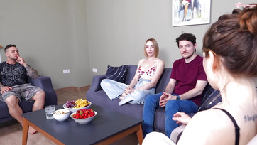 Guy watches happily as his wife gets fucked in the sex casting  
Spectator hubby enjoys as wife gets pounded in casting