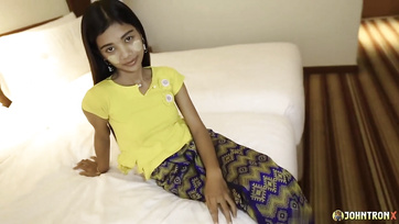 Asian Cutie Rubs Her Hairy Pussy Before Taking Big Cock