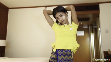 Asian Cutie Rubs Her Hairy Pussy Before Taking Big Cock