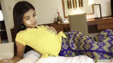 Asian Cutie Rubs Her Hairy Pussy Before Taking Big Cock