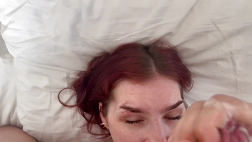 Redhead Amateur Babe Takes Huge Erect Cock Deep with Both Hands