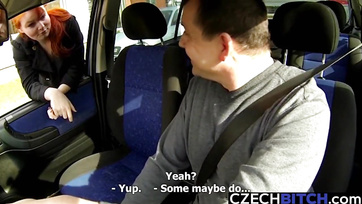 Red-haired lady with a hairy pussy fingered herself with the unknown driver