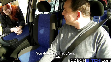 Red-haired lady with a hairy pussy fingered herself with the unknown driver