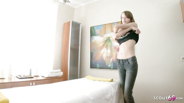 Happy girl seduces the slender innocent babe and roughly fucks her tight pussy