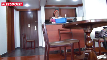 Thick Stud Slips into Maid's Muff in the Kitchen