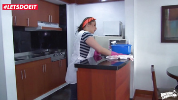Thick Stud Slips into Maid's Muff in the Kitchen