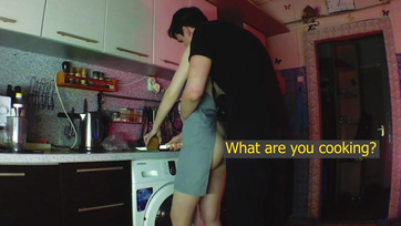 Devouring His Big-Assed Chick's Shaved Pussy in the Kitchen