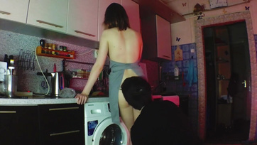 Devouring His Big-Assed Chick's Shaved Pussy in the Kitchen