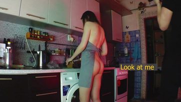 Devouring His Big-Assed Chick's Shaved Pussy in the Kitchen