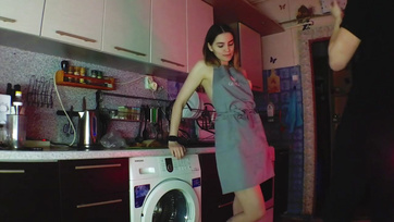 Devouring His Big-Assed Chick's Shaved Pussy in the Kitchen